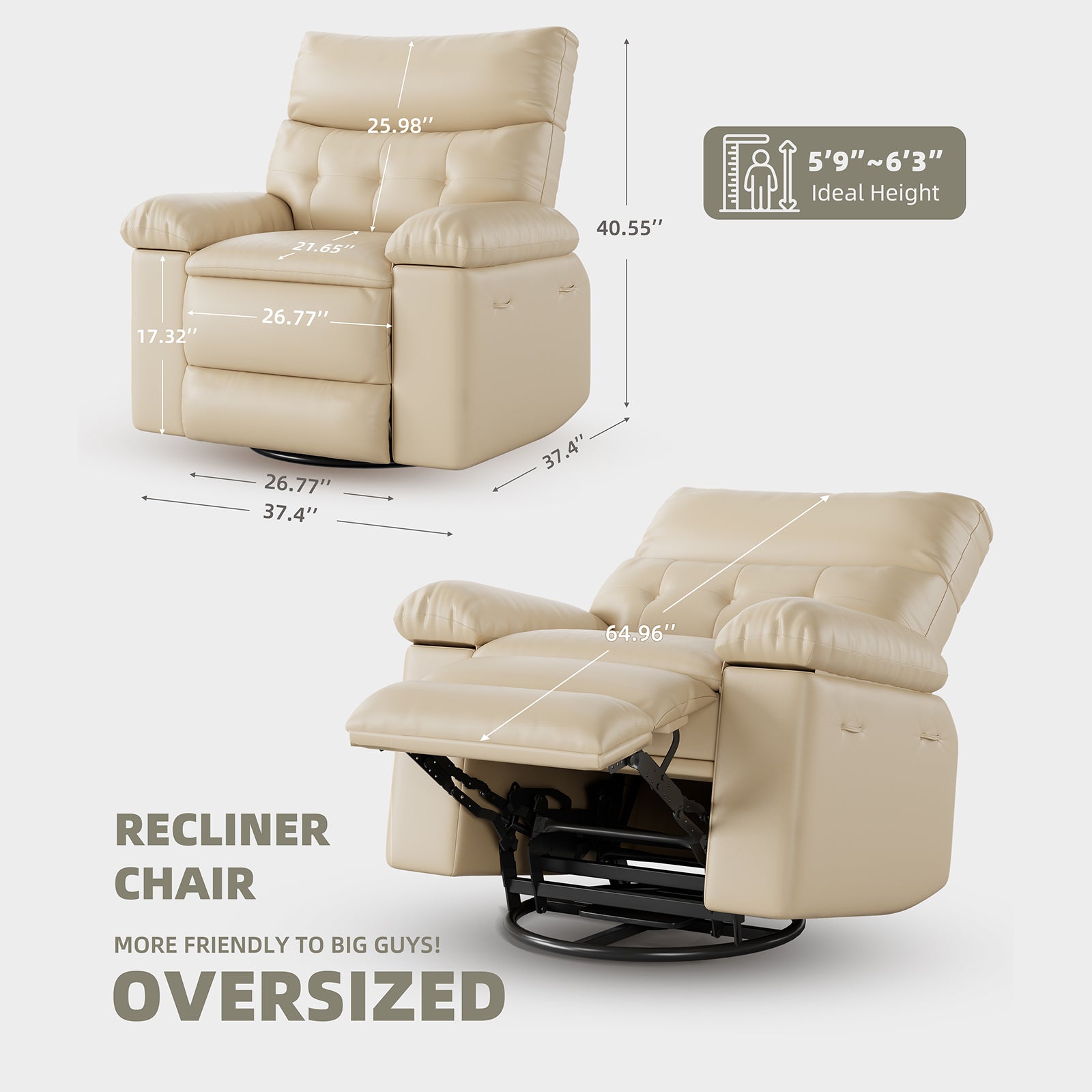 Garvee 360 Degree Swivel Recliner Chair for Adults, Oversized Electric Rocker Recliner with Massage and Heating, Faux Leather Single Sofa Chair  for Living Room Bedroom, Beige