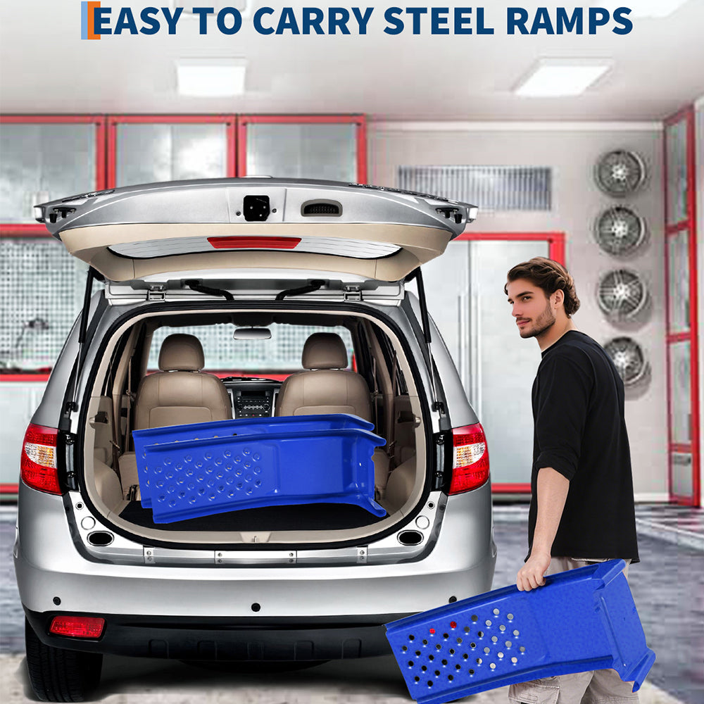 Garvee Car Ramp Set of 2 Heavy Duty Steel Ramps 8000lbs Load Capacity 8-inch Lift Extruded Traction Holes Compact Storage for Garage Repair