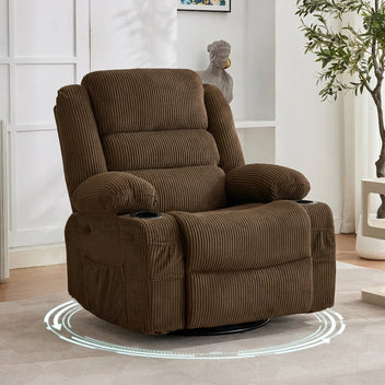 Garvee Rocking Recliner Chair for Adults, Wide 360° Swivel Rocker Recliner with Cup Holder Nursery Glider with Upholstered Deep Seat Corduroy Lazy boy Chair for Living Room, Brown