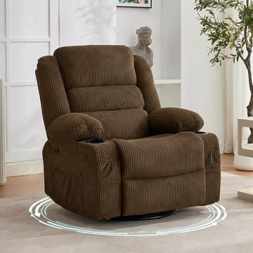 Garvee Rocking Recliner Chair for Adults, Wide 360° Swivel Rocker Recliner with Cup Holder Nursery Glider with Upholstered Deep Seat Corduroy Lazy boy Chair for Living Room, Brown