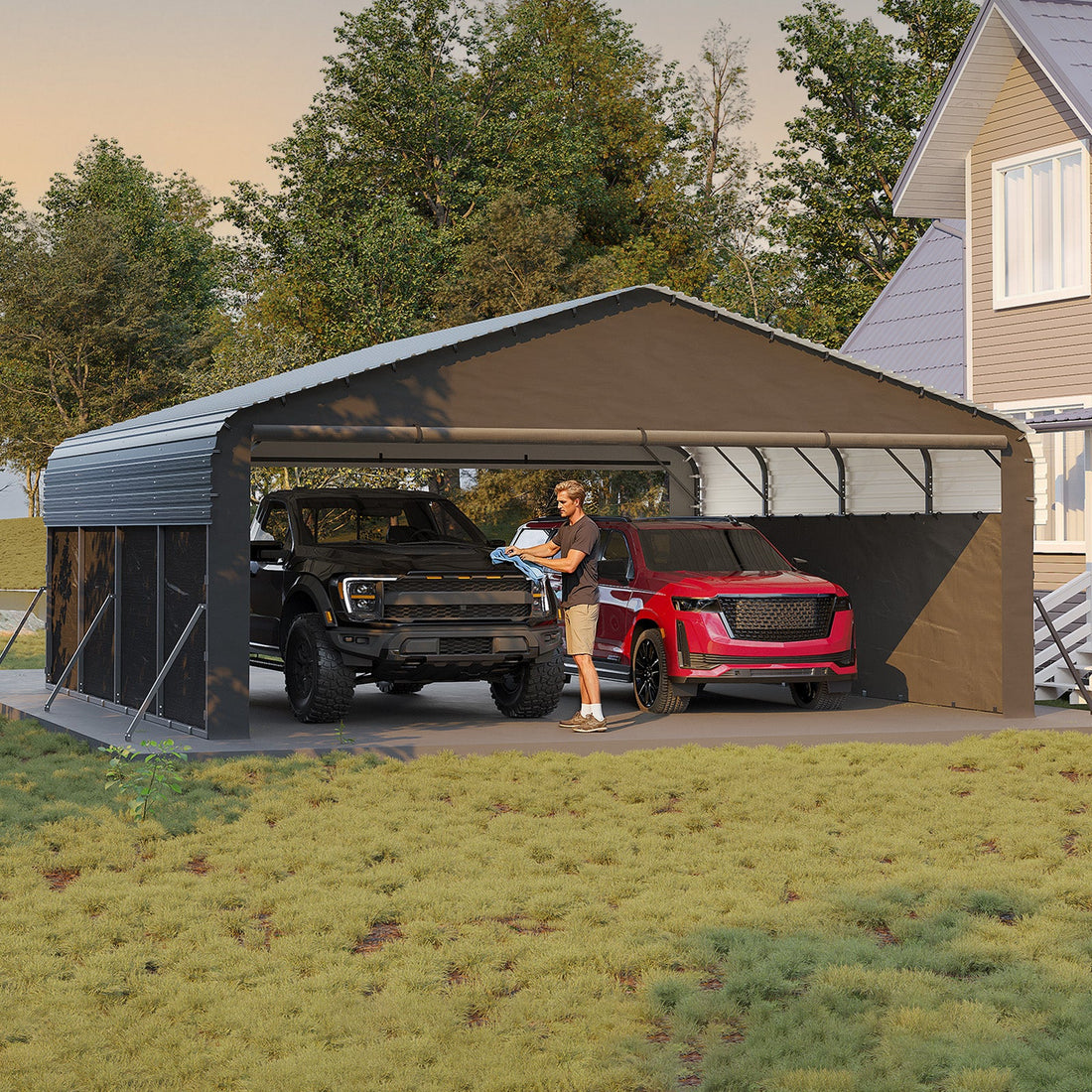 Garvee 20' x 20' x 10' Enclosed Metal Carport, Heavy-Duty Steel Garage Shelter for 2 Cars, Trucks, Boats & Tractors, Gray