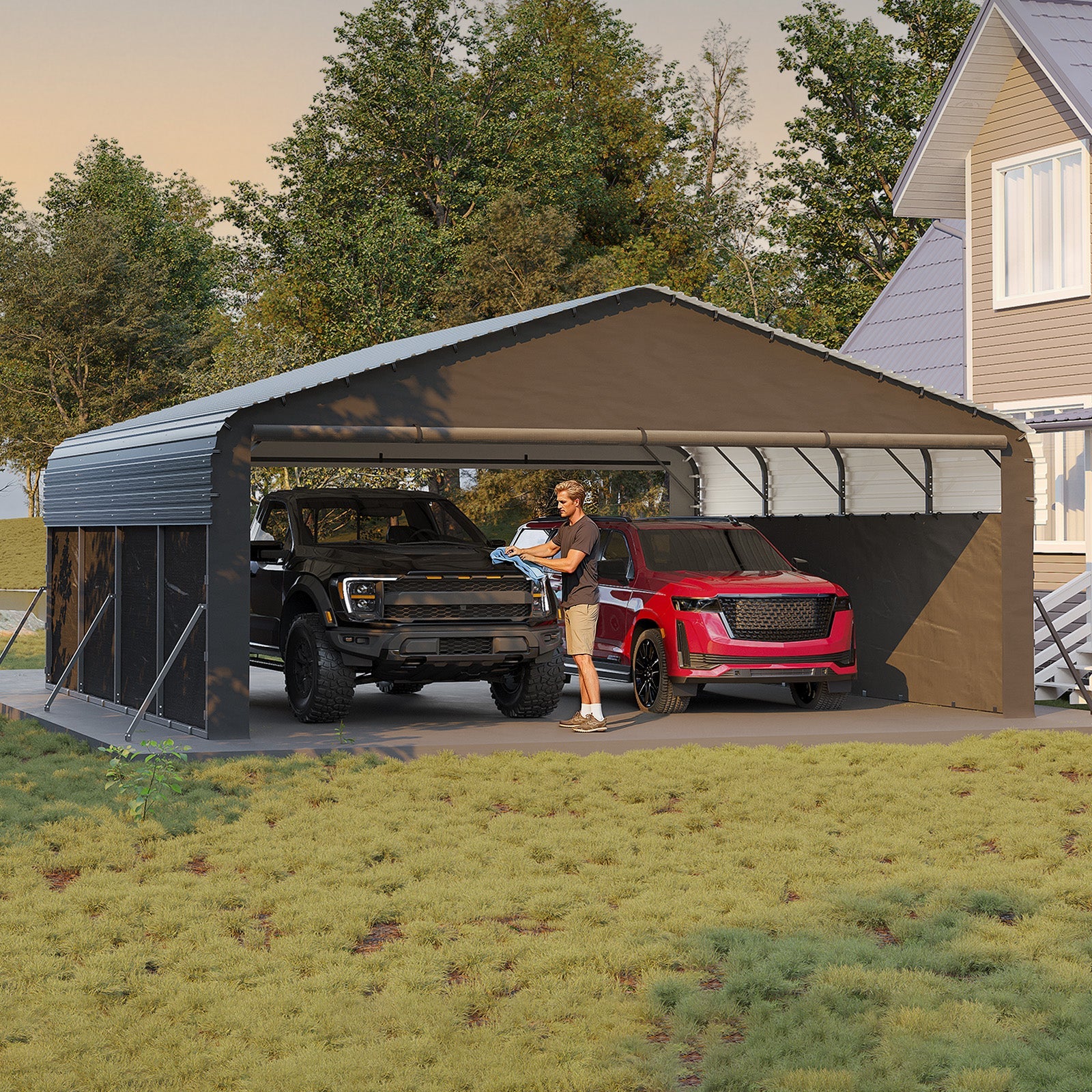 Garvee 20' x 20' x 10' Enclosed Metal Carport, Heavy-Duty Steel Garage Shelter for 2 Cars, Trucks, Boats & Tractors, Gray