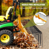 Garvee 60" Pine Straw Rake Updated Version - 8mm Tines, Steel Tow Behind for Cat 0 Cat 1 Tractors - Ideal for Leaves & Grass, Yellow