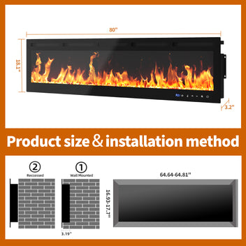 Garvee 80 Inch Recessed and Wall Mounted Electric Fireplace Insert, 750W/1500W Dual-Mode Heater with WiFi and Remote Control, 12 Flame Colors and 12 LED Bed Colors, Touch Screen, Black