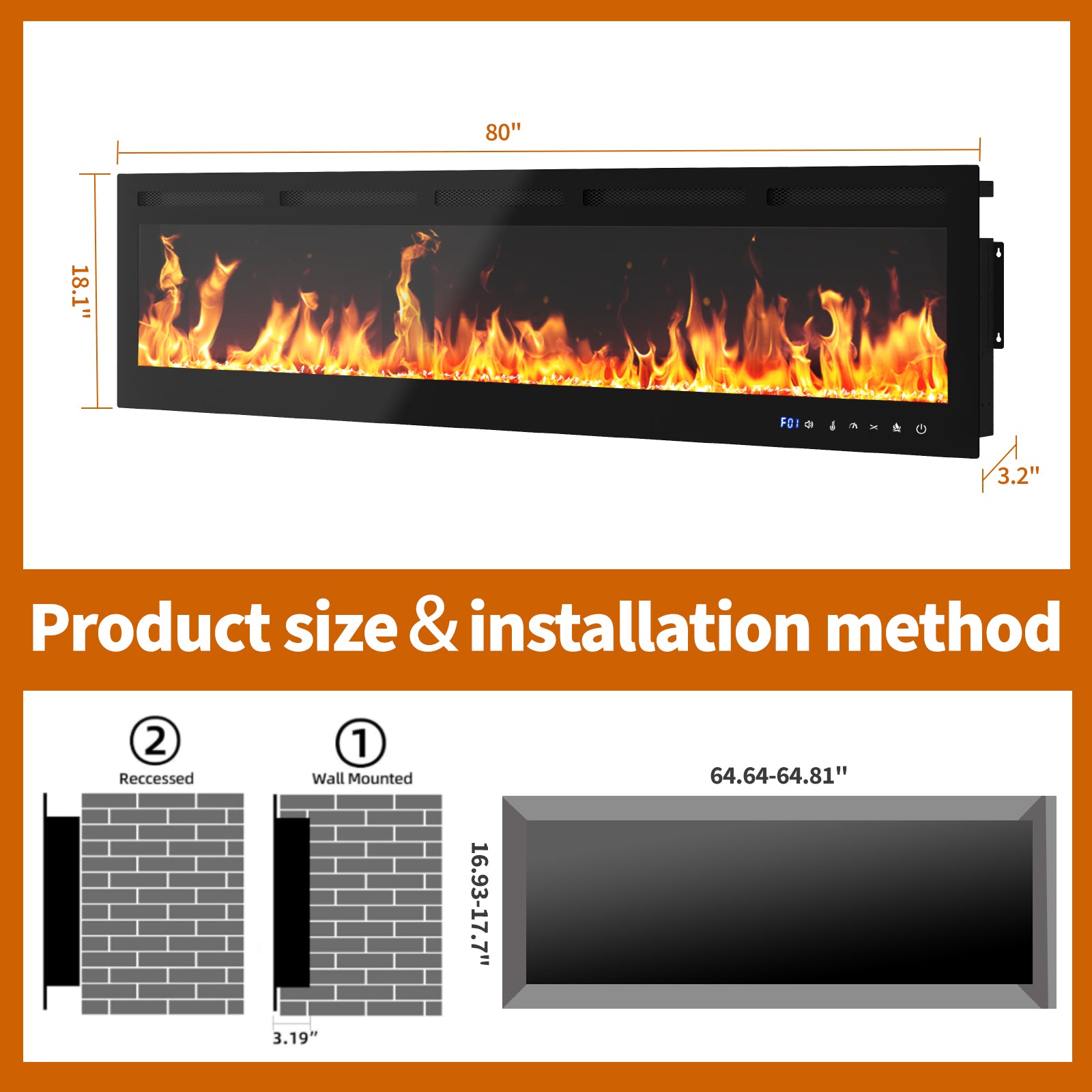 Garvee 80 Inch Recessed and Wall Mounted Electric Fireplace Insert, 750W/1500W Dual-Mode Heater with WiFi and Remote Control, 12 Flame Colors and 12 LED Bed Colors, Touch Screen, Black