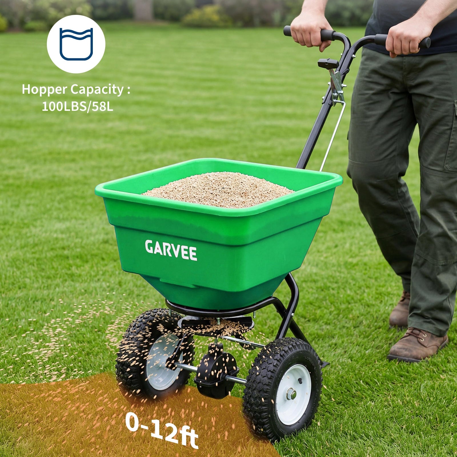 Garvee 100 lb Push Broadcast Spreader, T-Handle Walk-Behind Lawn & Garden Fertilizer Spreader with 58 L Hopper, 0–12 ft Coverage, 13" All-Terrain Wheels & 20-Level Flow Control for Seed, Fertilizer, Salt & Ice Melt, Green/Black