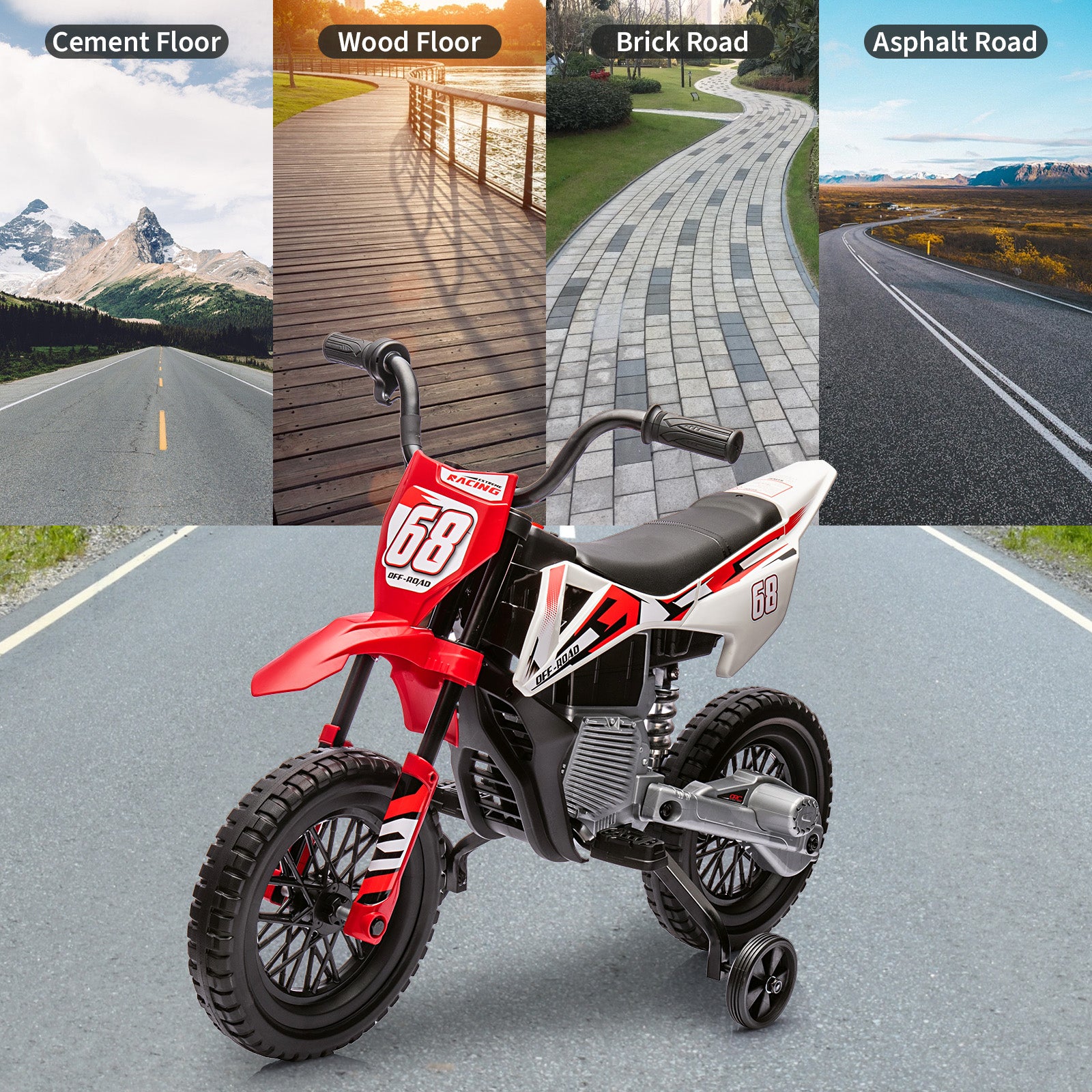 Garvee Ride - P Series: 12V Kids Electric Dirt Bike, 25W*2 Motor, Twist Grip Throttle, Spring Suspension, Training Wheels, Ride-On Toy - Red