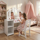 Garvee Kids Vanity Table, Girls 2 in 1 Princess Makeup Desk with Touch Light Detachable Tri-Folding Mirror, Open Storage Shelves, Wood Makeup Playset with Chair, Princess Vanity Table for Little Girls - White