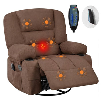 Garvee 360° Swivel Rocker Chair with Cup Holders & Side Pocket, Wide Recliner Chair with Heat and Vibration Massage, Chenille Fabric Manual Recliner Lazy Boy Chair for Adults, Brown