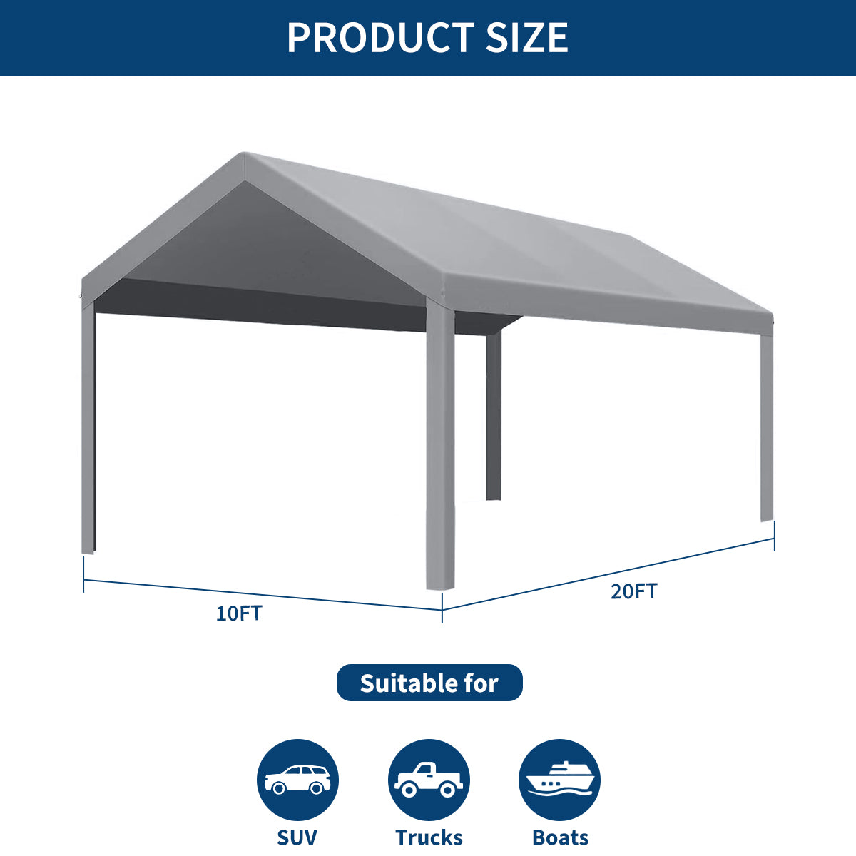 Garvee 10'x20' 200G Heavy-Duty Carport Replacement Cover Waterproof UV Protected for Garage Outdoor Shelter Grey (Frame Not Included)