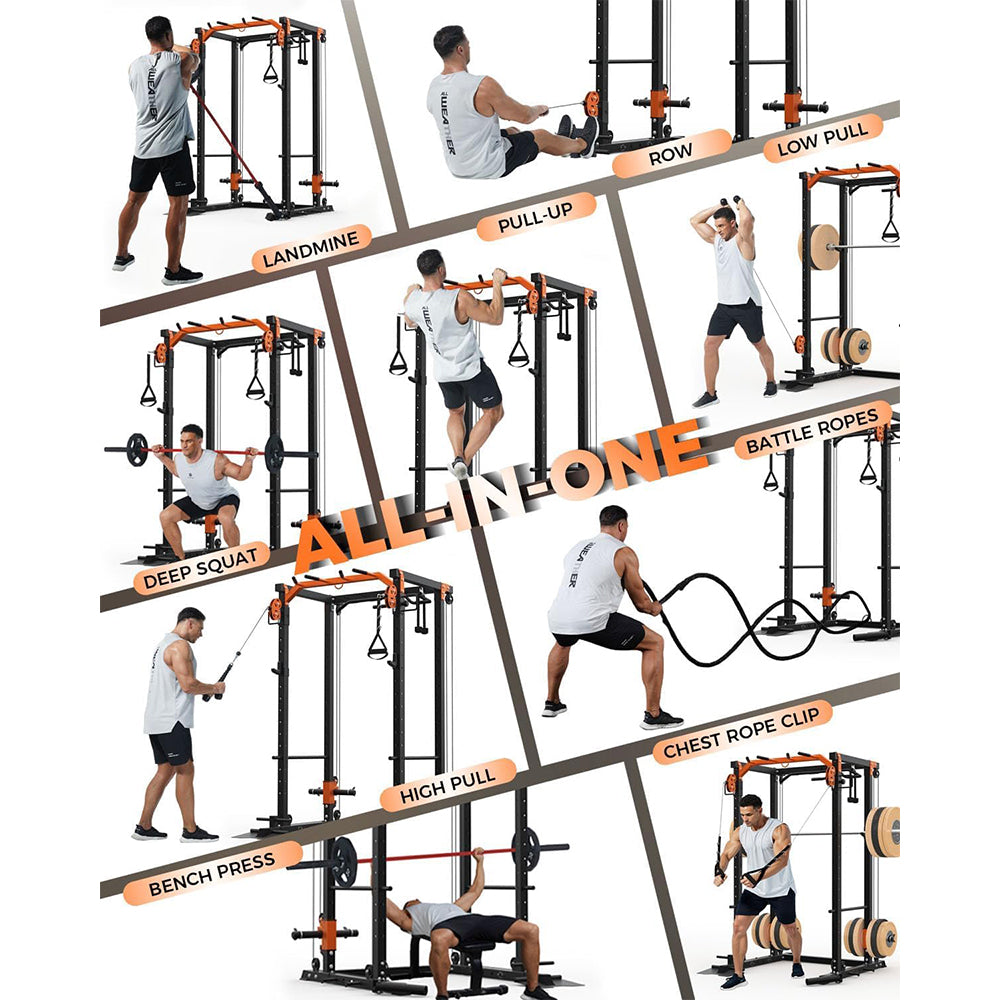 Garvee Power Cage Power Rack with Dual Pulley System Multi-Function Squat Rack with Cable Crossover for Home Gym Black