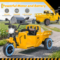 Garvee Ride P Series 3-Wheels Electric Tricycle w/Trailer, 12V Battery Powered Kids Motorcycle with Sand Shovel, 2x55W Motors, Bluetooth, Music, Headlight, Ride on Motorcycle for Kids Toddlers, Gift for Boys Girls, Yellow