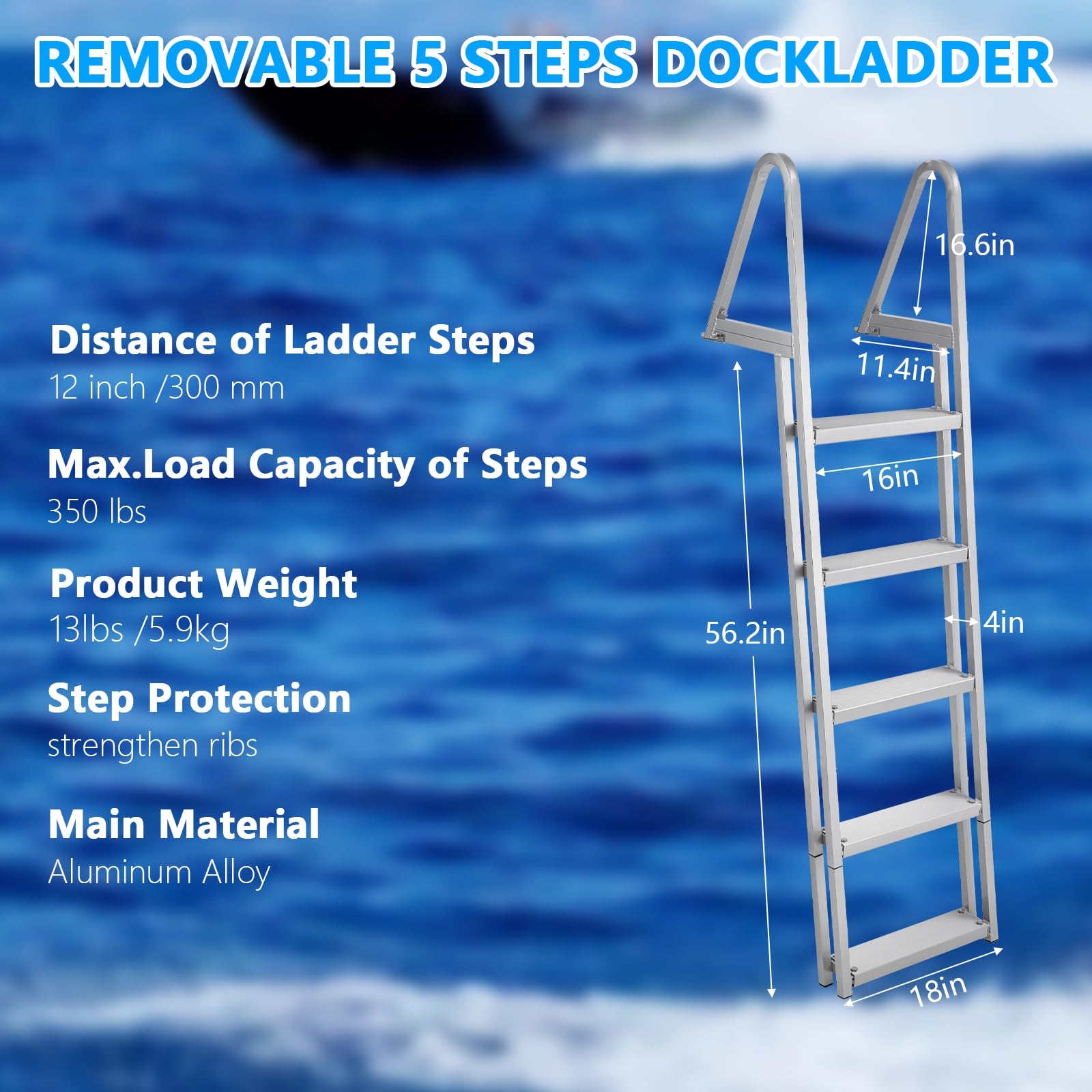 Garvee 5 Step Angled Removable Dock Ladder, Heavy Duty Aluminum Boat Dock Ladder with Wide Non-Slip Steps, Adjustable Height, 350 lb Capacity for Lake & Marine Dock