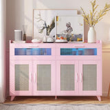 Garvee Sideboard Buffet Cabinet With Power Outlet & LED Light, Kitchen Storage Cabinet With 2 Fluted Acrylic Drawers & 4 Rattan Doors, Coffee Bar Cabinet Wood Buffet Table for Kitchen, Dining Room (Pink) - Pink