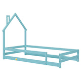 Garvee Twin Size Floor Bed for Children with House-Shaped Frame Headboard, Full-Length Guardrails, Wood Platform, Safe Play and Sleep Area, Natural Wood Color