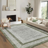Garvee Bordered Green 9x12 Modern Area Distressed Rug Soft Non Shedding Floor Carpet, Geometric Rug, Washable Non Slip Rug, Low Pile for Living Room, Bedroom - Green
