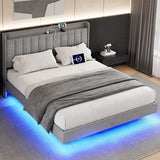 Garvee King Size Floating Bed Frame with LED Lights, Upholstered Platform King Bed Frame with Charging Station & Storage Headboard, No Box Spring Needed, Gray - Grey