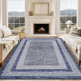 Garvee Bordered Blue 10x13 Large Washable Geometric Area Rug Non Slip Non Shedding Floor Carpet, Modern Bordered Rug, Distressed Blue Rug, Indoor Printed Rug for Living Room, Bedroom, Office - Blue