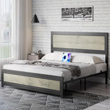 Garvee Queen Platform Bed Frame with Charging Station, Rivet Design, Industrial Style, Strong Slats, Noise Free, Easy Assembly, Wash Gray - Wash Gray