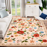 Garvee Beige Floral Area Rug for Living Room, 9x12 Machine Washable Large Rugs, 9x12 Non Slip Vintage Low Pile Soft Carpet for Home Bedroom Dining Room Farmhouse - Beige
