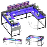 Garvee U Shaped Desk, 79 Inch Large Corner Office Desk with Monitor Stands, Reversible L Shaped Computer Gaming Desk with Power Outlets & LED Lights,U Shaped Gaming Desk,Black Willow - Black Willow