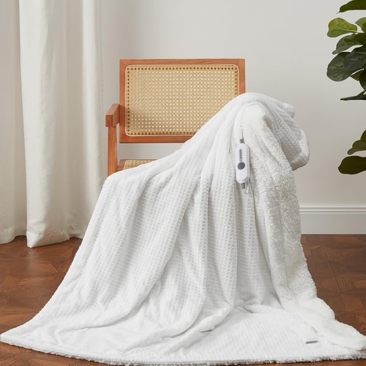 Garvee Electric Blanket Full Size, Waffle Heated Blankets with ETL Certified, Soft Flannel Heating Blanket, 4 Heating Levels, 10 Hours Auto Off, Machine Washable, white, 72"x84"