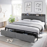 Garvee Full Size Bed Frame with 2 Storage Drawers and Headboard, Upholstered Bed Frame Full Size with Charging Station, No Box Spring Needed, Sturdy, Noiseless, Easy Assembly - Grey - Dark grey