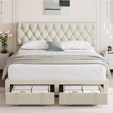 Garvee Queen Size Bed Frame + Storage Drawers + Adjustable Button Tufted Headboard + Solid Wooden Slats + No Box Spring Needed + Metal Frame + Bedroom - Off white