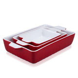 Garvee Ceramic Baking Dish Set of 3, Rectangular Casserole Dish for Oven with Handles, Deep Lasagna Baking Pans for Cooking, Kitchen, Cake Dinner, Banquet, Daily Use, Red - Red