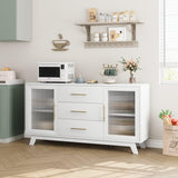Garvee Sideboard Buffet Cabinet with 2 Fluted Glass Doors, 56" Modern Coffee Bar Cabinet with 3 Large Drawers, White Long Storage Cabinet for Kitchen Dining Living Room, White Top - White Top