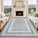 Garvee Bordered Grey 8x10 Large Washable Area Rug Modern Rug Distressed Geometric Floor Carpet, Soft Non Slip Rug, Low Pile Non Shedding Rug, Indoor Gray Rug for Bedroom, Living Room - Gray