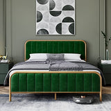 Garvee Queen Bed Frame Modern Upholstered Platform with Velvet Headboard and Gold Frame, Wooden Slat Support No Box Spring Needed in Gold and Green - Gold+dark green