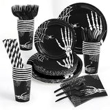 Garvee 215 Pcs Halloween Plates and Napkins Set Serve 25, Halloween Skull Hand Bone Disposable Tableware Set, Halloween Decorations Includes Plates, Cups, Napkins, Halloween Tableware - Black