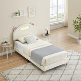 Garvee Twin Bed Frame with LED Lights, Upholstered Platform Bed with Headboard & Wooden Slats Support, Noise-Free, No Box Spring Needed (White) - off white