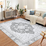 Garvee Washable Vintage Floral Area Rug 8x10- Non-Slip Print, Non-Shedding, Soft Foldable Carpets for Dining Room, Bedroom, Living Room, Kitchen Entryway, Grey - Gray
