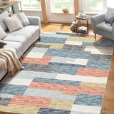 Garvee Machine Washable Area Rugs Blue Multi 5x7 Modern Geometric Floor Carpet, Stain-Resistant Low Pile Throw Rug with Non-Slip Backing, Contemporary Accent Carpet for Kitchen, Office - Blue Multi