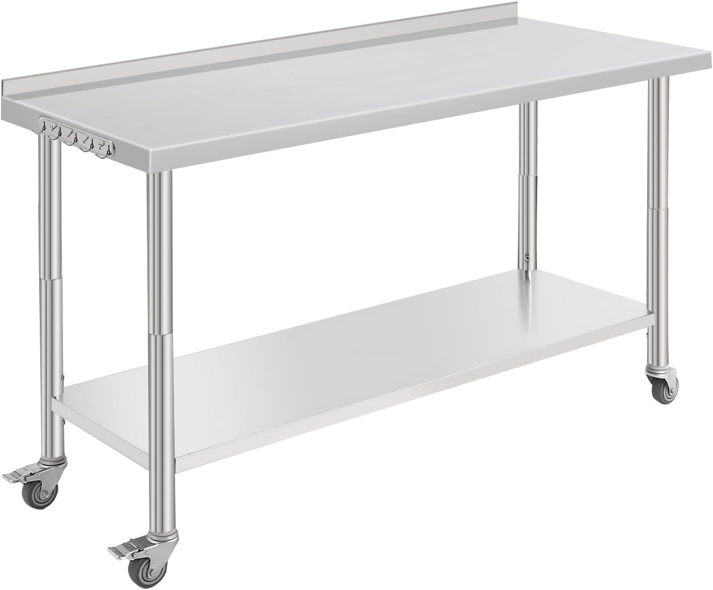 Garvee 60"L x 24"W x 35"H Stainless Steel Kitchen Prep Table, 2-Tier Commericial Work Table with Adjustable Height Shelf & Hooks, Heavy Duty Metal Table with Backsplash and Wheels for Garage, Workshop
