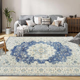Garvee Vintage Area Rugs, Boho Traditional Washable Rug Floral Print Carpet, Low Pile Non-Slip Rubber Backing Foldable Mat for Bedroom Dining Room Office Living Room - Blue