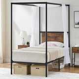 Garvee Twin Size Canopy Bed Frame with Headboard, Four-Poster Platform Metal Bed Frame with Storage, Mattress Foundation with Wooden Slats Support, No Box Spring Needed, Easy Assembly, Black and Brown - Brown