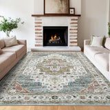 Garvee Persian Camel Green 10x13 Area Rugs, Large Machine Washable Oriental Carpet for Living Room, Non-Slip Vintage Floor Carpet, Stain-Resistant Soft Low Pile Distressed Accent Rugs for Bedroom, Camel Green - Camel Green