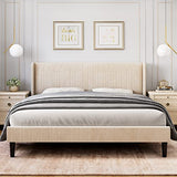 Garvee King Upholstered Bed Frame with Wingback Headboard, Velvet Upholstery Platform Bed, Wooden Slat Support, and Easy Assembly - Box Spring Optional, Beige - Beige