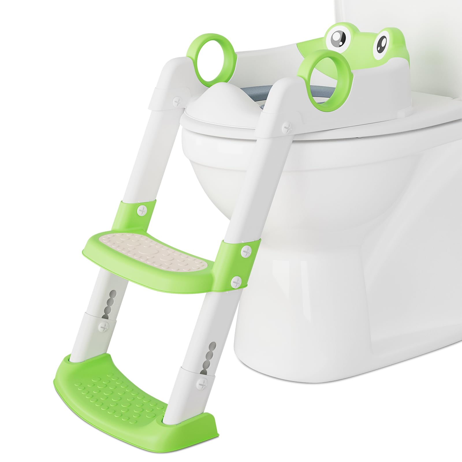 Green potty training seat with step stool and adjustable height for toddlers.