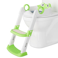 Green potty training seat with step stool and adjustable height for toddlers.