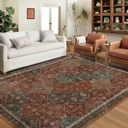 Garvee Persian Red 9x12 Area Rug Washable Rug Vintage Floral Rug Non Slip Retro Distressed Thin Country Farmhouse Rug Floor Cover Farmhouse Rug Carpet for Kitchen Living Room Bedroom Dining Room
