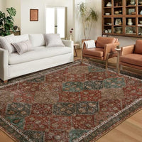 Garvee Persian Red 9x12 Area Rug Washable Rug Vintage Floral Rug Non Slip Retro Distressed Thin Country Farmhouse Rug Floor Cover Farmhouse Rug Carpet for Kitchen Living Room Bedroom Dining Room