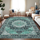 Garvee Persian Green 9x12 Machine Washable Area Rugs, Large Indoor Vintage Floor Carpet, Stain-Resistant Soft Low Pile Distressed Accent Carpet with Non-Slip Backing for Living Room, Bedroom, Green - Green
