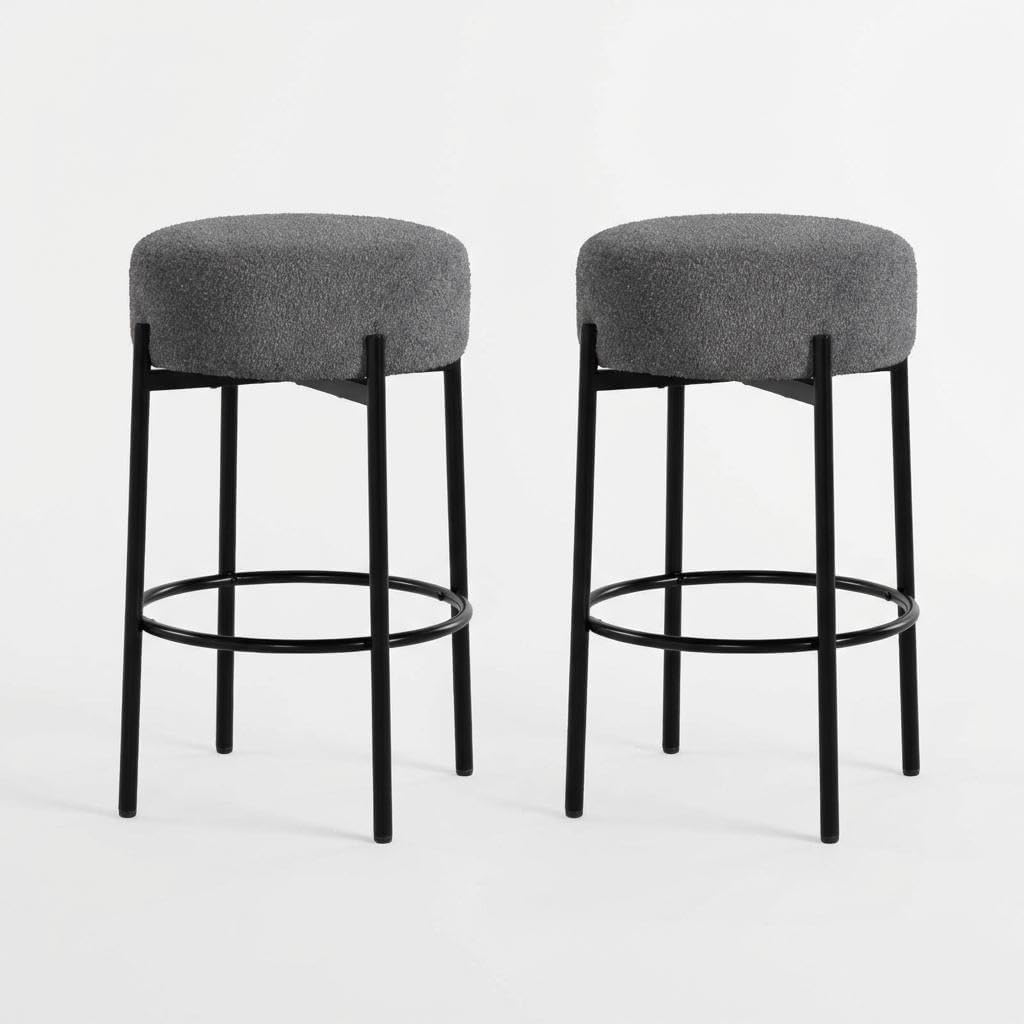 Garvee Set of 2 Modern Sherpa Upholstered Bar Stools with Metal Legs and Footrest for Kitchen Island, Dining Room, Dark Grey