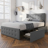 Garvee Full Bed Frame with 4 Storage Drawers, Adjustable Upholstered Headboard, Wood Slat Support, No Box Spring Needed, Modern Design, Quick Assembly - Grey