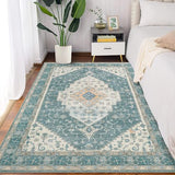 Garvee Green 6x9 Vintage Medallion Print Area Rug, Boho Traditional Washable Carpet with Low Pile, Non-Slip Rubber Backing Foldable, Ideal for Dining Room Office Bedroom Living Room - Green