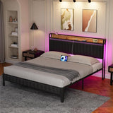 Garvee Bed Frame with Led Lights and Storage Headboard, Upholstered Platform Bed with Charging Station, Heavy Duty, No Box Spring Needed, Easy Assembly, Leather Black, Full Size - Black